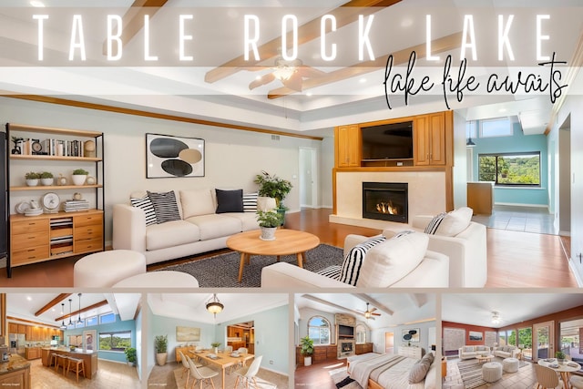 6 Bridgeview Dr, Kimberling City, MO 65686 - living area with a ceiling fan, vaulted ceiling, and a fireplace