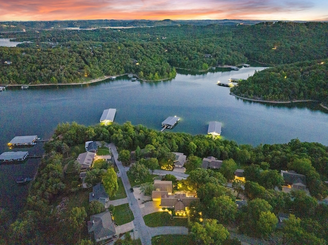 aerial view at dusk with a water view