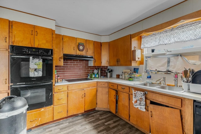 kitchen with decorative backsplash, sink, light hardwood / wood-style floors, and black appliances