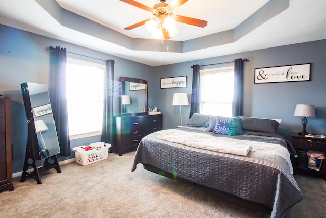 bedroom featuring ceiling fan, carpet, a tray ceiling, and multiple windows