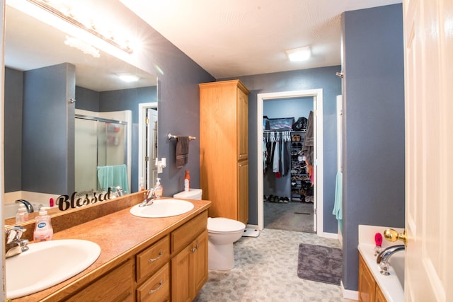 full bathroom featuring plus walk in shower, toilet, and vanity