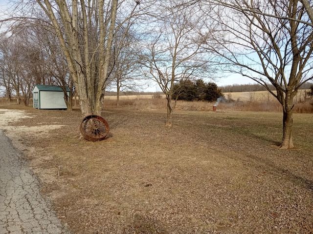 view of yard with a rural view and a shed