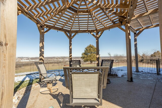 view of patio with outdoor dining area, a fenced backyard, and a pergola