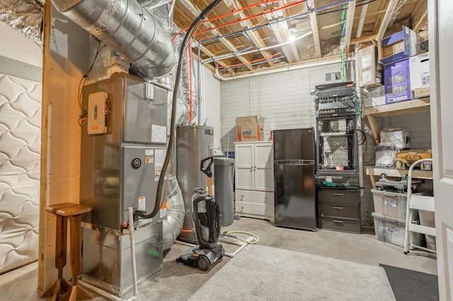 utility room featuring heating unit and water heater