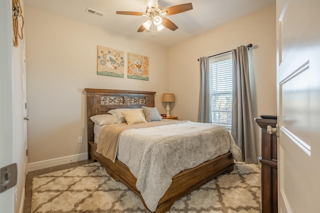 bedroom with visible vents, a ceiling fan, and baseboards