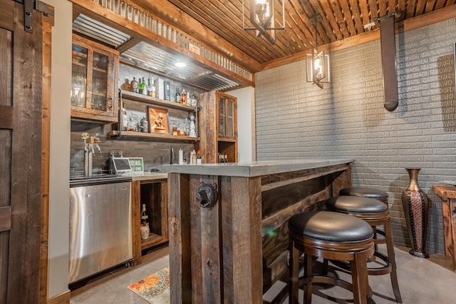 bar featuring wet bar, concrete floors, wooden ceiling, and refrigerator