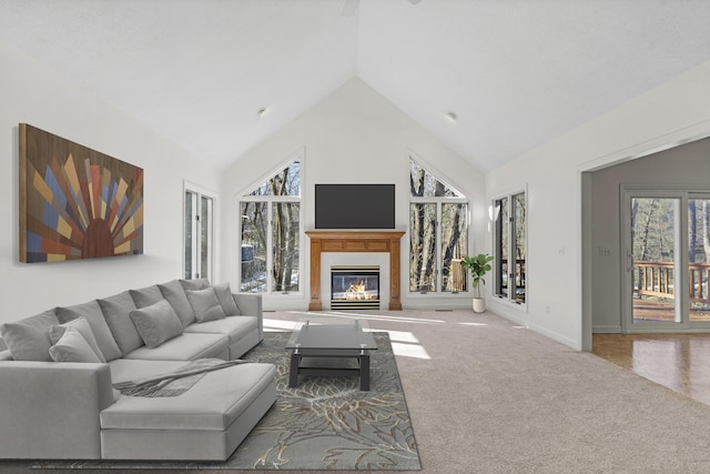 carpeted living room featuring high vaulted ceiling