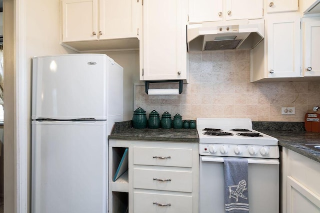 kitchen featuring white cabinetry, white appliances, and decorative backsplash