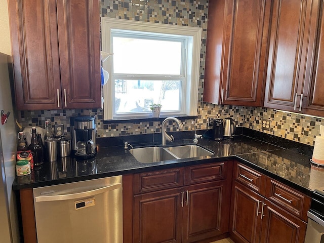 kitchen featuring dark stone countertops, dishwasher, backsplash, and sink