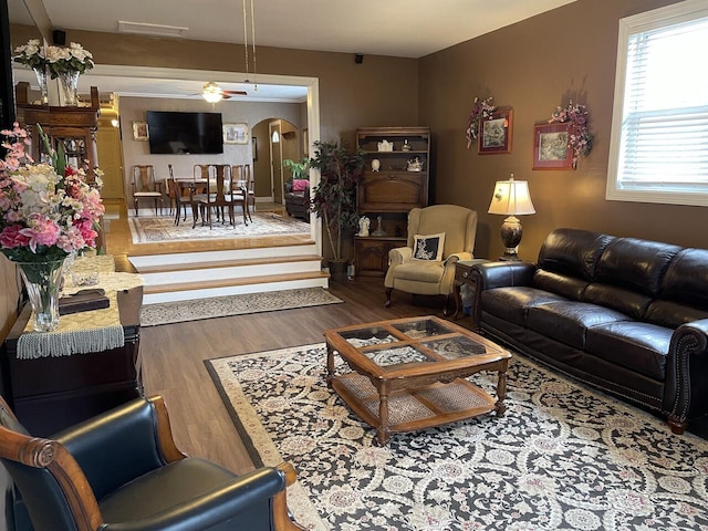 living room featuring ceiling fan and dark wood-type flooring