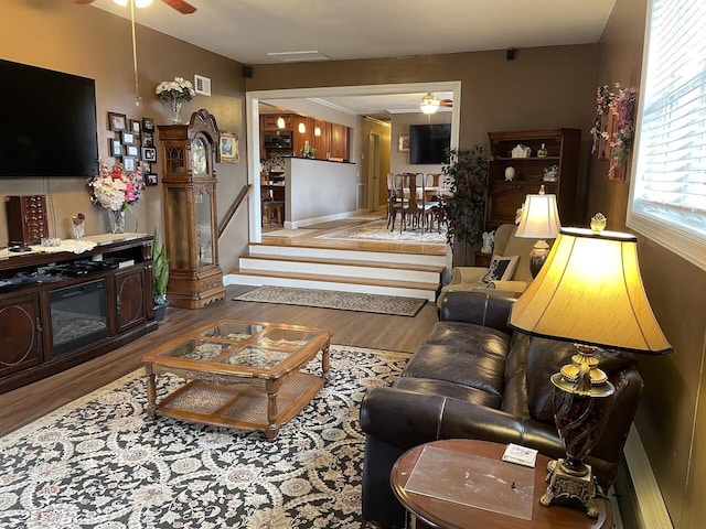 living room featuring ceiling fan and hardwood / wood-style floors