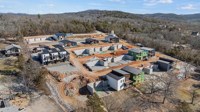 bird's eye view featuring a mountain view and a wooded view