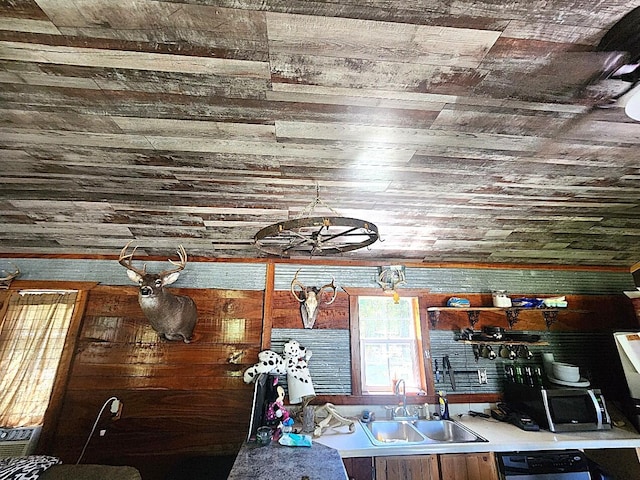 kitchen featuring wooden ceiling, dishwashing machine, wood walls, and sink