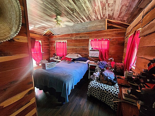 bedroom featuring wood ceiling, cooling unit, wood walls, vaulted ceiling, and ceiling fan