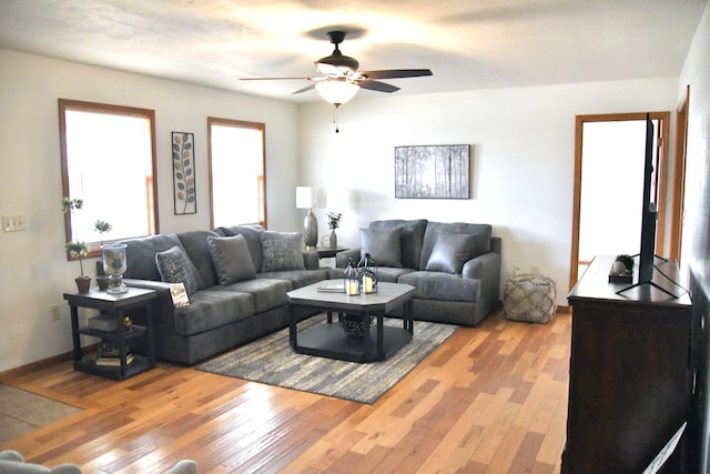 living room featuring ceiling fan and light hardwood / wood-style floors