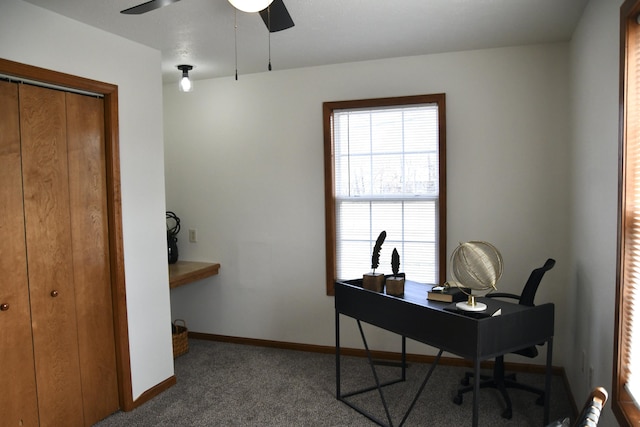 office area featuring ceiling fan and carpet