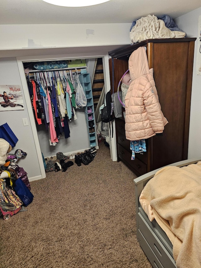 spacious closet featuring dark colored carpet