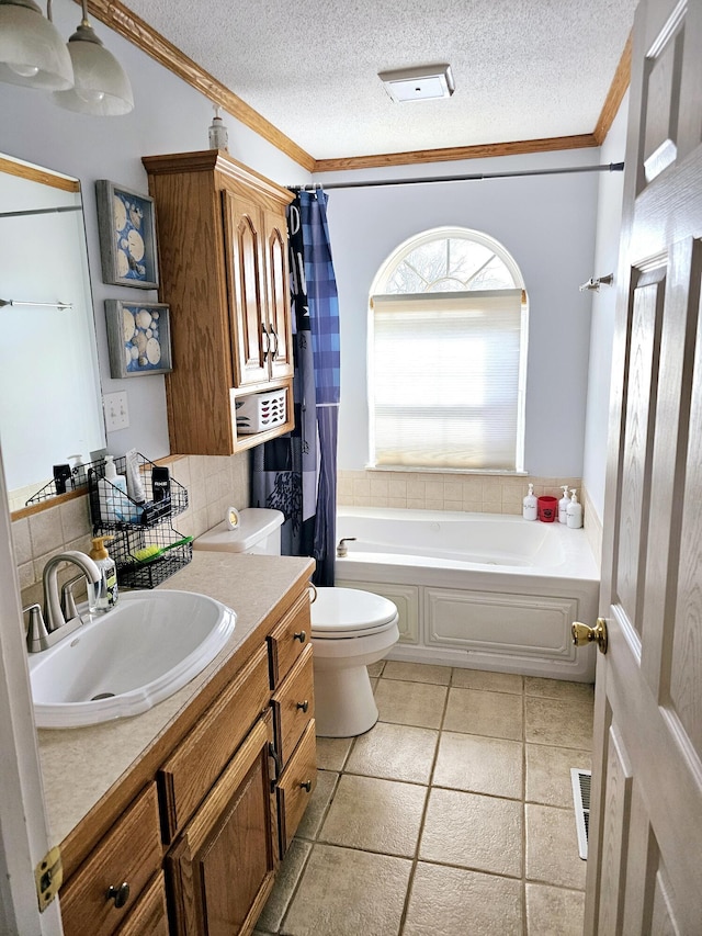 bathroom featuring toilet, crown molding, a textured ceiling, vanity, and decorative backsplash