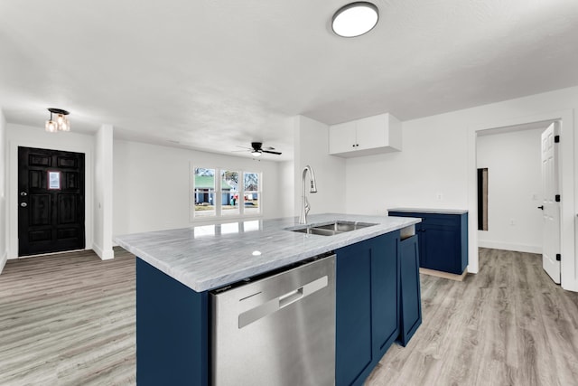 kitchen with white cabinetry, an island with sink, blue cabinetry, sink, and stainless steel dishwasher