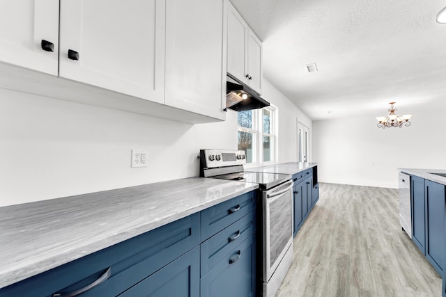 kitchen with stainless steel range with electric stovetop, blue cabinets, white cabinets, and light wood-type flooring