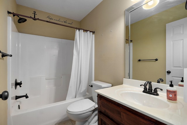 full bathroom with toilet, vanity, and shower / bath combination with curtain