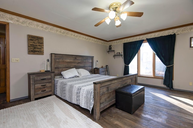 bedroom with ceiling fan, ornamental molding, and dark hardwood / wood-style floors