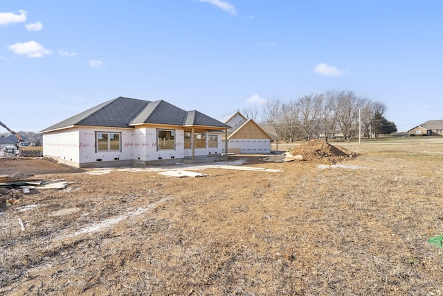 view of front of home with crawl space, a shingled roof, and a porch