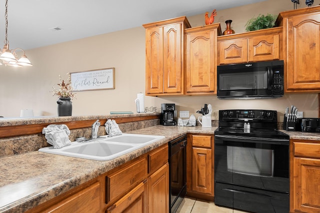 kitchen with light tile patterned floors, hanging light fixtures, a chandelier, black appliances, and sink