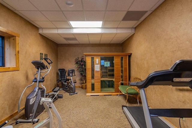 workout room with a paneled ceiling and carpet flooring