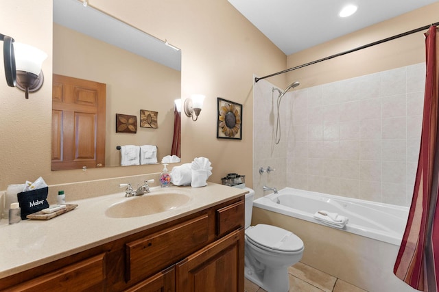 full bathroom with tile patterned floors, vanity, toilet, and shower / tub combo with curtain