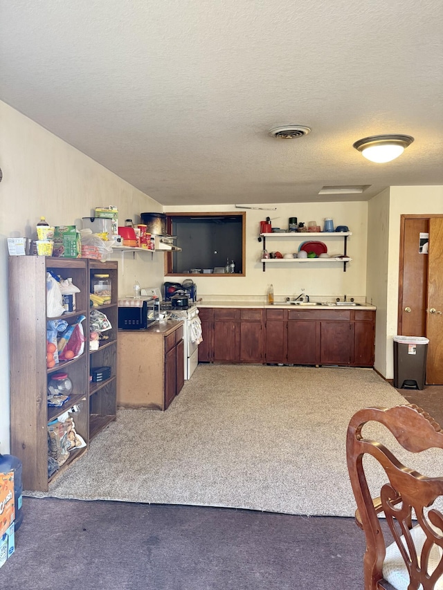 kitchen featuring a textured ceiling, carpet flooring, dark brown cabinets, and white range with gas cooktop