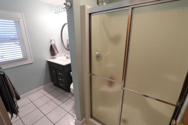 bathroom featuring tile patterned floors, a shower with door, toilet, and vanity