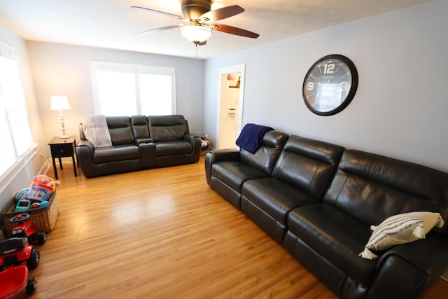 living room with ceiling fan and light hardwood / wood-style flooring