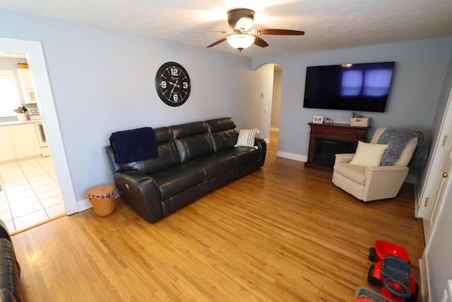 living room featuring light hardwood / wood-style floors and ceiling fan