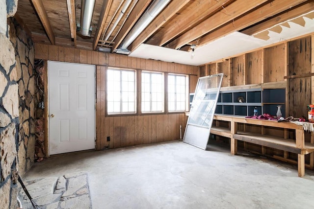 basement featuring wood walls