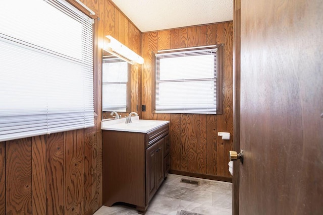 bathroom featuring vanity and wooden walls