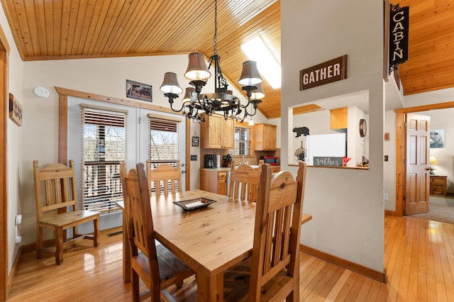 dining area featuring a notable chandelier, high vaulted ceiling, light hardwood / wood-style flooring, and wooden ceiling