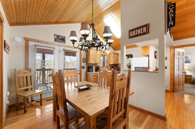 dining area with light hardwood / wood-style floors, a notable chandelier, high vaulted ceiling, and wood ceiling