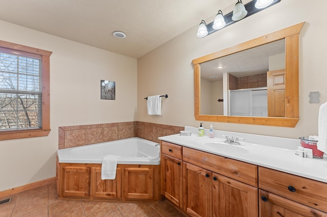 bathroom with vanity, separate shower and tub, and tile patterned flooring