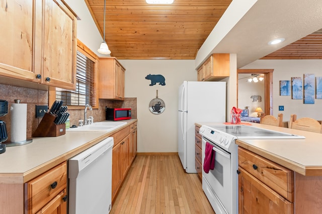 kitchen featuring white appliances, wooden ceiling, tasteful backsplash, hanging light fixtures, and sink