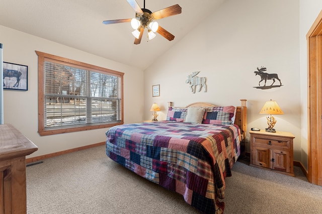 bedroom featuring ceiling fan, carpet flooring, and lofted ceiling