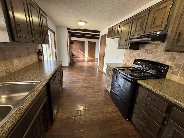 kitchen with dark hardwood / wood-style floors, black electric range oven, decorative backsplash, and dark brown cabinetry