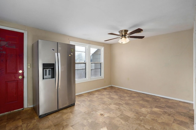 kitchen with stainless steel refrigerator with ice dispenser and ceiling fan