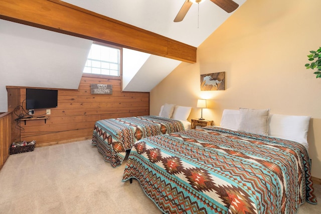 bedroom with ceiling fan, carpet, wood walls, and lofted ceiling with beams