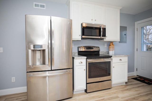 kitchen with white cabinets, stainless steel appliances, electric panel, and light hardwood / wood-style floors