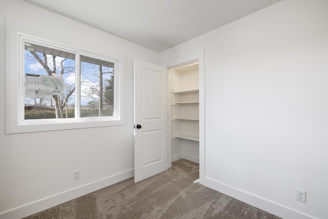 unfurnished bedroom featuring a closet, a spacious closet, carpet floors, and multiple windows