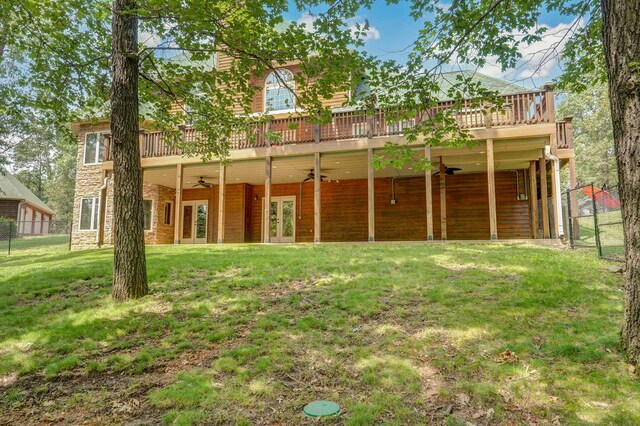 10350 Indian Ridge Ln, Carthage, MO 64836 - rear view of property featuring french doors, a ceiling fan, a deck, and stone siding