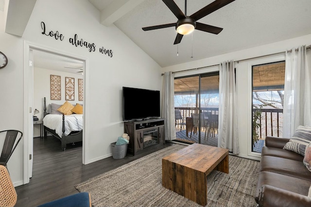 living room featuring dark wood-type flooring, lofted ceiling with beams, and ceiling fan