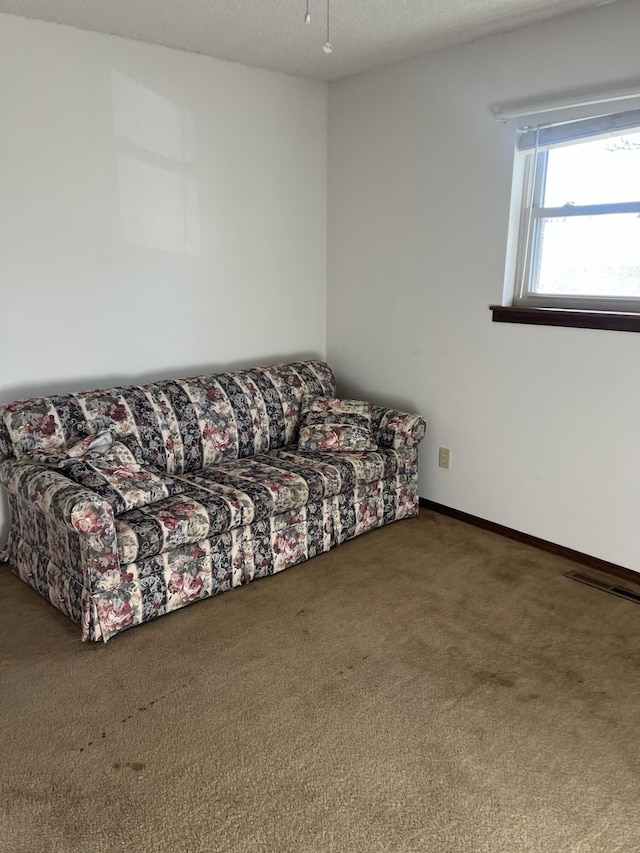 living room with dark carpet and a textured ceiling