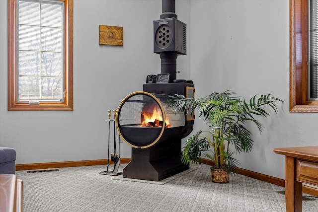 room details featuring a wood stove and carpet flooring